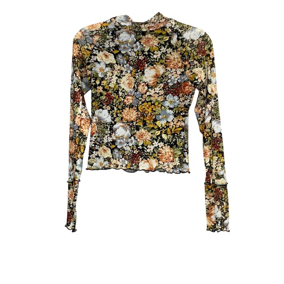 Promesa Fall Floral Mesh Top Long Sleeve Mock Neck Ruffle Trim Size Small - Picture 1 of 8